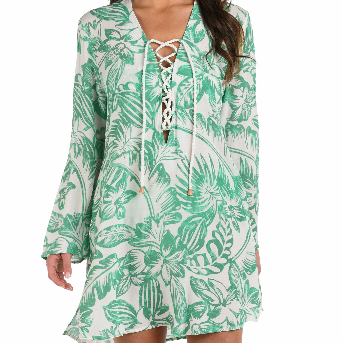 Batiki Balinese Lace Up V-Neck Tunic Cover Up - LB5ND55 - Eucalyptus Swim - Cover ups LA BLANCA