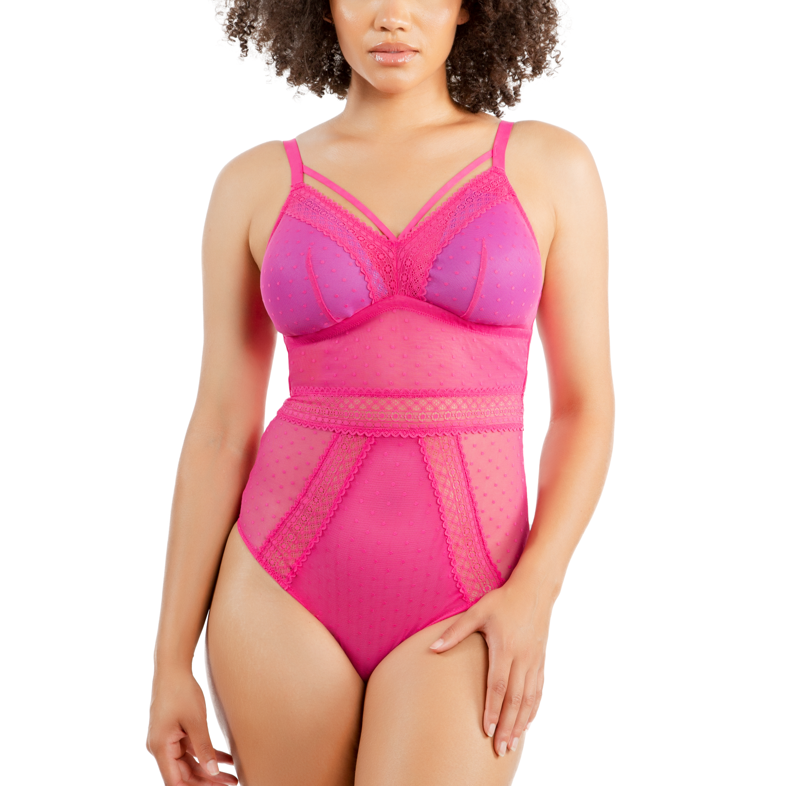 Mia Dot Wirefree Padded Mesh Bodysuit - P6017 - Bright Pink
