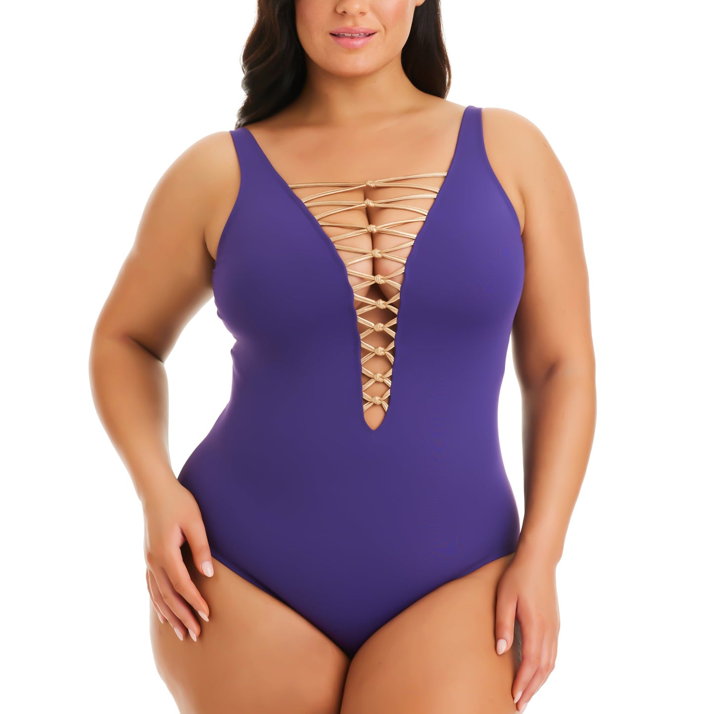 Lace Down Plunge Plus One Piece - RBKN23232X Swim - Plus BLEU ROD BEATTIE PURPLE 16W