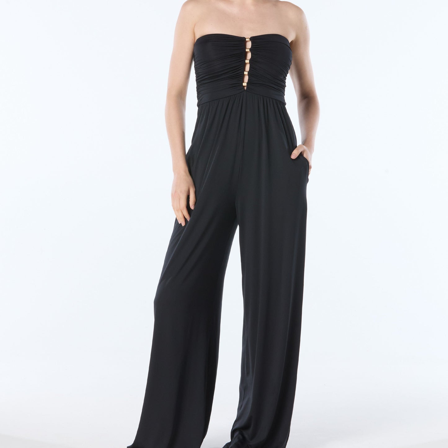 Ruched Beaded Jumpsuit - C10112 - Black Swim - Cover ups CARMEN MARC VALVO