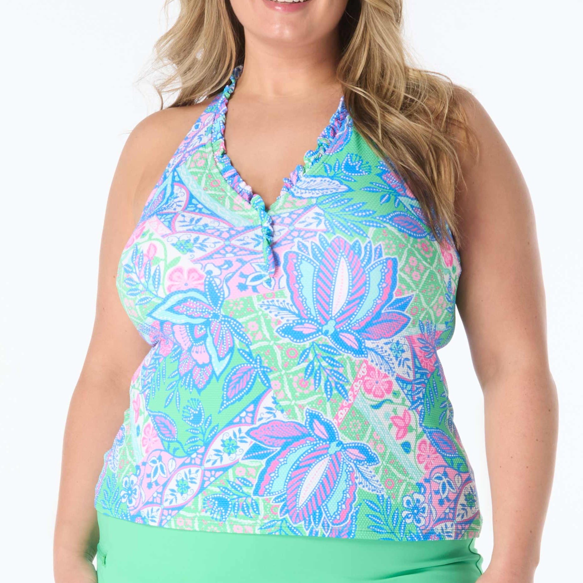 Nina Ruffle Plus Tankini - HW7E401 - Estate Mosaic Swim - Plus BEACH HOUSE