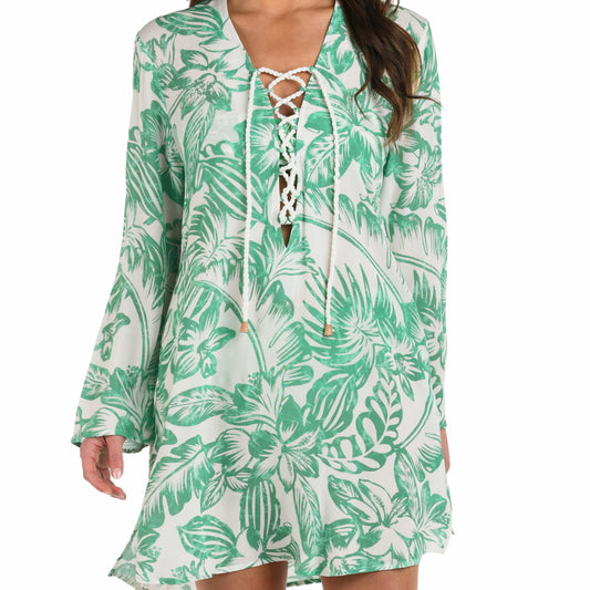 Batiki Balinese Lace Up V-Neck Tunic Cover Up - LB5ND55 - Eucalyptus Swim - Cover ups LA BLANCA