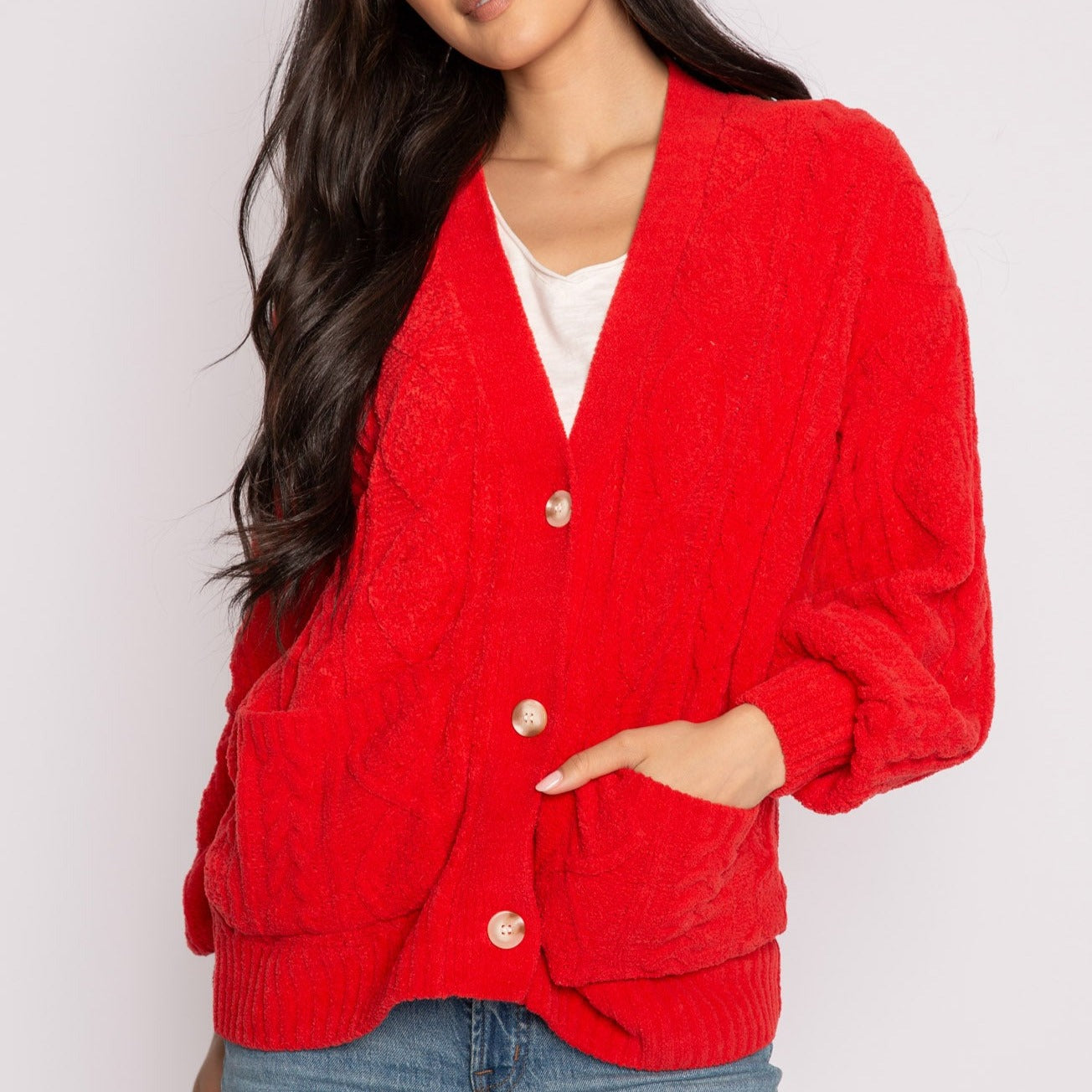 Forever Festive Cable Cardigan Sweater - RLFFCA - Scarlet Unclassified P.J. Salvage RED M/L 