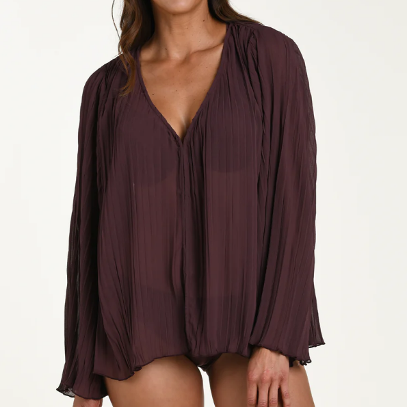 Sunbeams Long Sleeve Pleated Top - LB6CS53 - Truffle Swim - Cover ups LA BLANCA